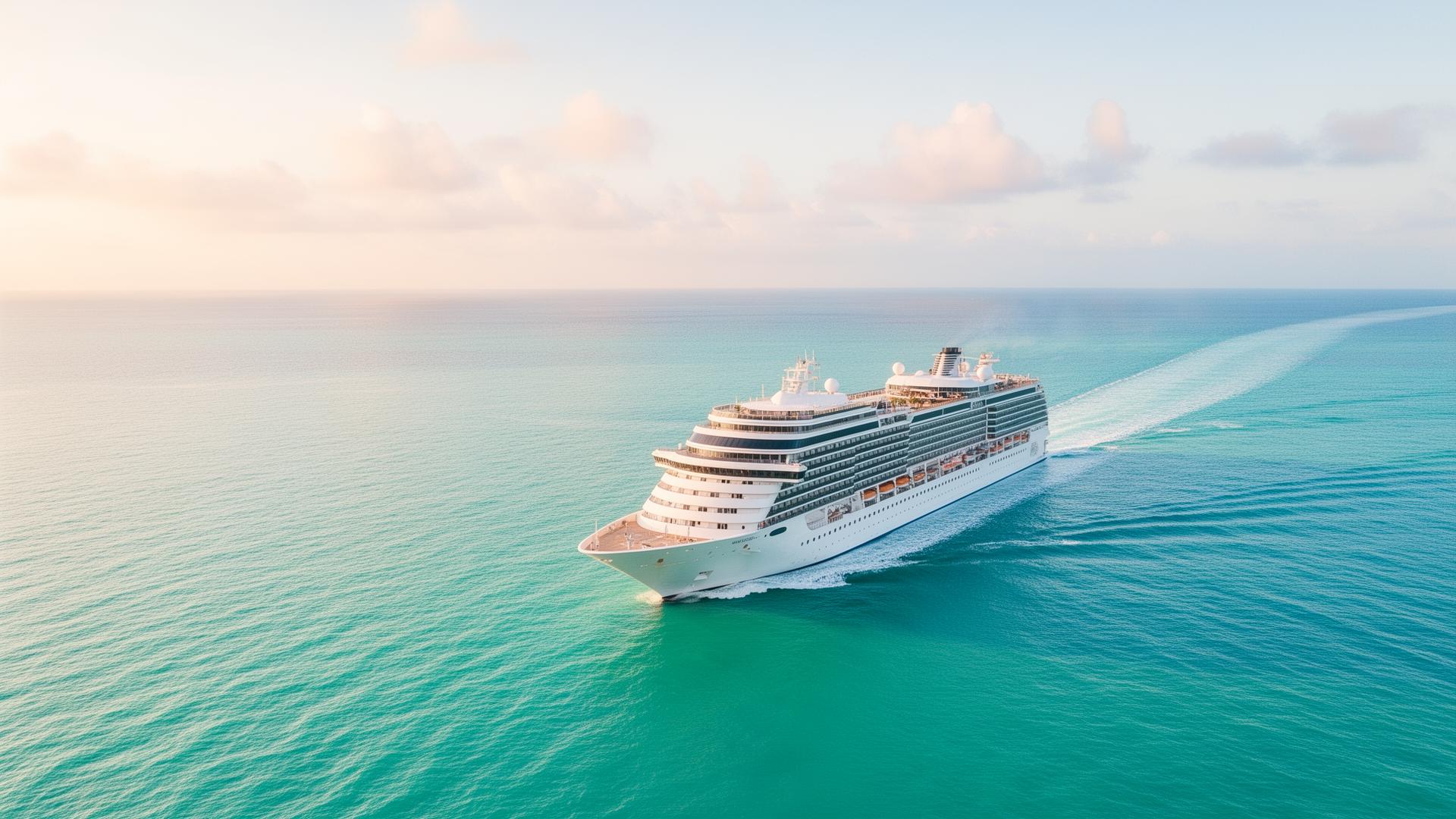 Cruise ship gliding through turquoise ocean at sunrise